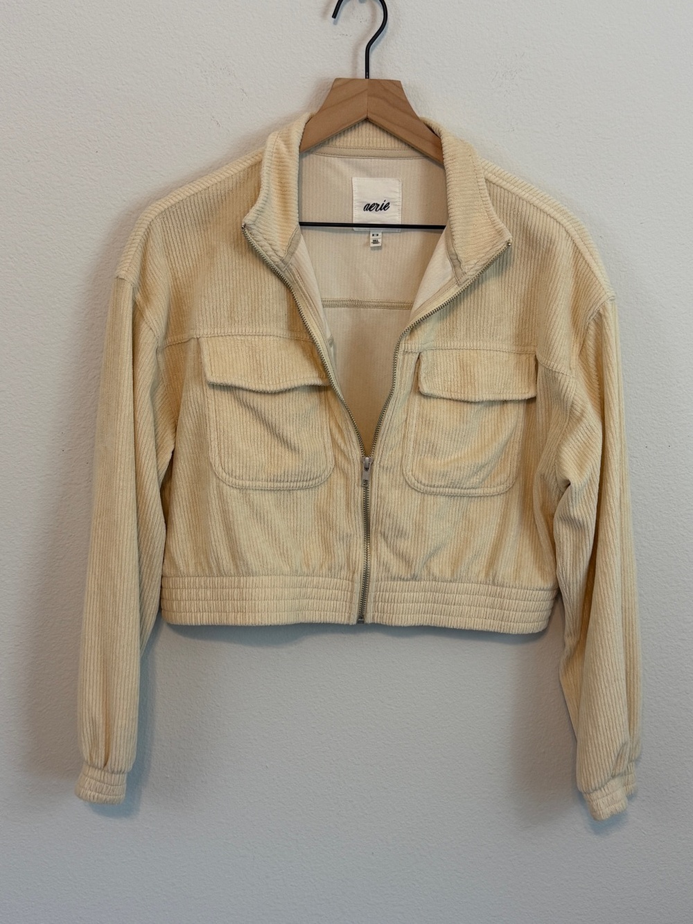 aerie Cream Corduroy Zip Jacket with Chest Pockets